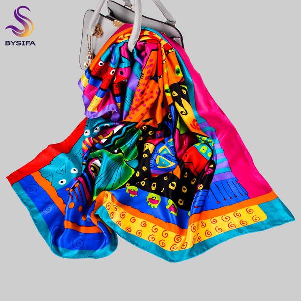 BYSIFA | Marque Colorée Pure Soie Femmes Foulards Carrés Nouveau Chat Poisson Conception Musulman Hijabs Automne Hiver 100% Véritable Foulard En Soie 90 * 90 cm Q0828