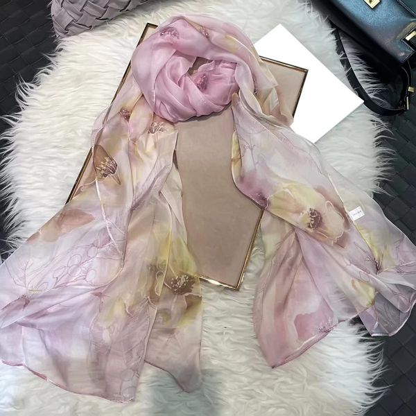 Bysifa |Chine Style Pink Coffee Silk Scarf Hijab Winter Ladies 100% Silk Long Scharpes Wraps Foulard Spring Summer Beach Shawls 240418