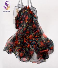 BYSIFA dames rouge noir foulard en soie châle nouveau Design Floral printemps automne longues écharpes 170105 cm élégant mince cou foulards Y2010077055740