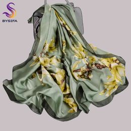 [BYSIFA] Lichtgroene vrouwen zijde sjaal Chinese stijl magnolia ontwerp elegante dames lange lente herfst sjaals sjaals
