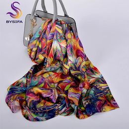 BYSIFA Bufanda de seda pura de lujo Mantón Mujer Primavera Otoño Bufandas largas Señoras Marca 100% Bufanda de cuello de seda Foulard 175 * 52 cm 240111