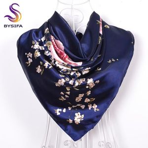 Bysifa-bufandas cuadradas grandes con rosas chinas, color azul marino, bufanda de seda elegante para mujer, accesorios de moda para mujer, 90 90cm