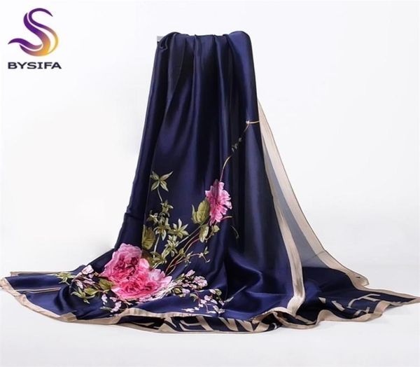 BYSIFA bleu marine Roses chinoises femmes foulards automne hiver Utrlong haut de gamme marque à la mode lettres de soie longue écharpe châle Wrap 220103262384
