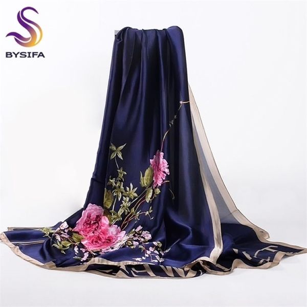 BYSIFA bleu marine Roses chinoises femmes foulards automne hiver Utrlong haut de gamme marque à la mode lettres de soie longue écharpe châle Wrap 22010322n
