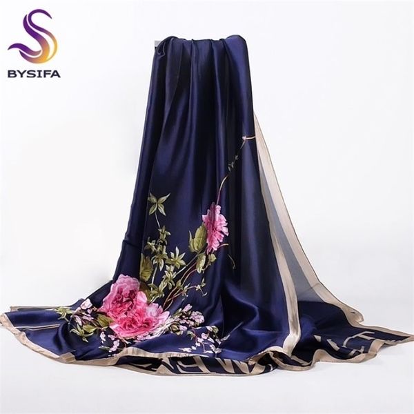 BYSIFA bleu marine Roses chinoises femmes foulards automne hiver Utrlong haut de gamme marque à la mode lettres de soie longue écharpe châle Wrap 220102525