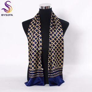Bysifa marineblauw goud plaid mannen zijden sjaals mode accessoires herfst winter mannelijke pure zijden long sjaals cravat 160*26cm 240323