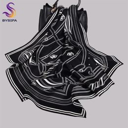BYSIFA nueva marca mujer 100% bufanda de seda chal negro blanco rayas bufandas cuadradas 70 70cm primavera otoño moda mujer cuello bufanda 243J