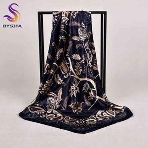 [Bysifa] Nieuwe vrouwen satijnen zijden sjaal sjaal mode accessoires merk marine blauw grote vierkante sjaals moslim hoofd sjaal foulard y1108