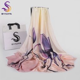 BYSIFA violet bleu Floral dames foulard en soie châle mode femmes longues écharpes enveloppes automne hiver élégant femme foulard Y20105049263