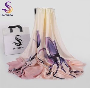 BYSIFA violet bleu Floral dames foulard en soie châle mode femmes longues écharpes enveloppes automne hiver élégant femme foulard Y20103998958