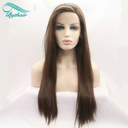Bythair Peluca delantera de encaje sintético, larga, sedosa, recta, marrón, fibra resistente al calor, parte lateral para mujer, peluca de aspecto Natural