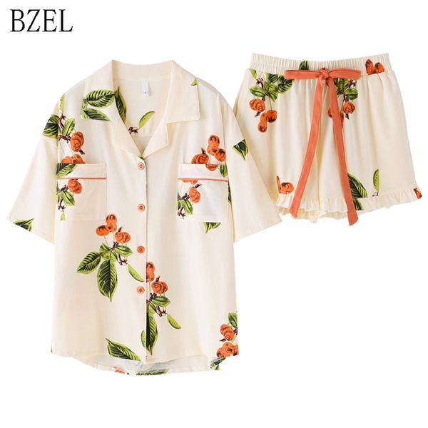 BZEL Floral Nuit Femmes Pyjama Ensembles Nouveau Coton Pijama Avec Poches Pyjama Femme Qualité Dames Accueil Costume Vêtements Pour La Maison Y200708