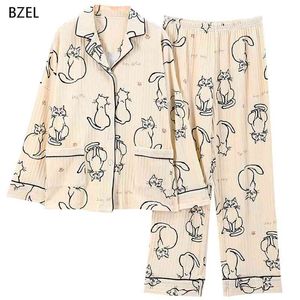 BZEL Loisirs Coton Pyjamas Pyjamas Femmes Vêtements À Manches Longues Tops Set Dames Pijama Ensembles Costume De Nuit Home Wear Grande Taille 210330