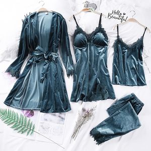 Bzel Sexy Dames Robe Pyjama Gown Sets Gouden Fluwelen Badjas + Nachtjurk 4 Stks Mujer Nachtkleding Herfst Winter Homewear Pijamas Y200429