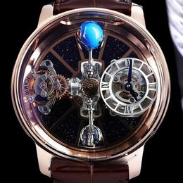 BZF Astronomia Tourbillon Swiss Quartz Mens Watch Case de acero de oro rosa Skeleton Dial 3D Globe Dial no girará cuero marrón 28300h