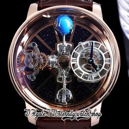 BZF Astronomia Tourbillon Reloj de cuarzo suizo para hombre Caja de acero en oro rosa Sky Skeleton 3D Globe Dial no gira Cuero marrón 2559