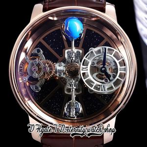 BZF Astronomia Tourbillon Zwitsers quartz herenhorloge Roségoud stalen kast Sky Skeleton 3D Globe Dial draait niet bruin leer 291C