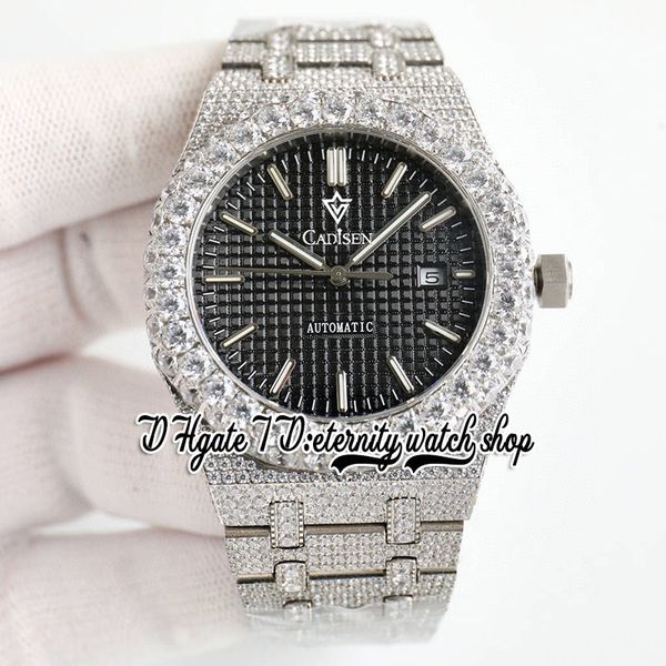 BZF sf15400 Japon M8215 Automatique Mens Watch Iced Out Big Diamond Bezel Black Texture Dial Stick Markers Acier Inoxydable Diamonds Bracelet éternité Bijoux Montres