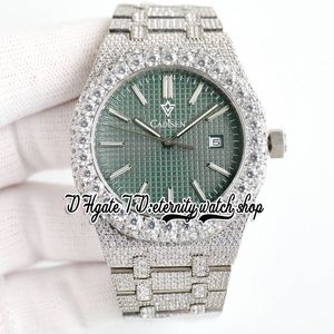 BZF sf15510 Japon M8215 Montre automatique pour homme Glacé Big Diamond Bezel Texture verte Cadran Marqueurs de bâton en acier inoxydable Diamants Bracelet Bijoux d'éternité Montres