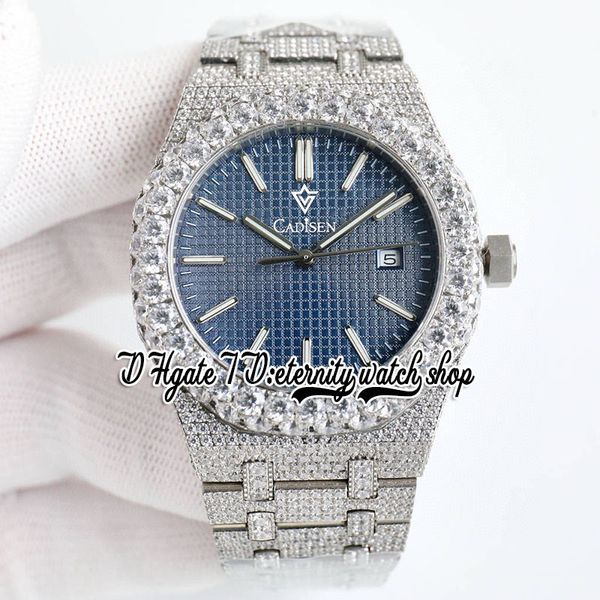 BZF sf15510 Japon M8215 Automatique Mens Watch Iced Out Big Diamond Bezel Bleu Texture Cadran Bâton Marqueurs En Acier Inoxydable Diamants Bracelet éternité Bijoux Montres