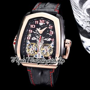 BZF Twin Turbo Mens Watch JCFM05 Twin Tourbillon Automatische Roségouden Bezel DLC Black Case Skelet Nummer Markers Zwart Leather Riem Super Edition Eternity Watches