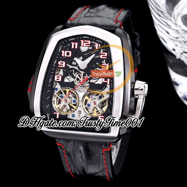 Montre BZF Twin Turbo pour homme JCFM05 Twin Tourbillon automatique DLC boîtier en acier noir cadran squelette marqueurs numériques bracelet en cuir noir Super Edition trustytime001Montres