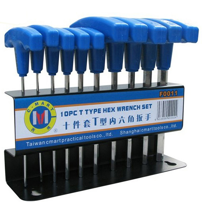 C-MART T-образный набор ключей с ручкой, 10 шт., шестигранные ключи, группа метрических ключей 2,00–10,0 мм, нескользящие многофункциональные гаечные ключи