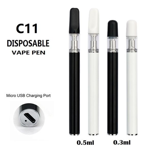 Vaporizador de aceite de lápiz de vape desechable C11C 0.3ml 0.5ml 280mAh USB inferior USB recargable Bobina de cerámica Press-In Press-In Bud O Pens Dispositivo de vaina vacía