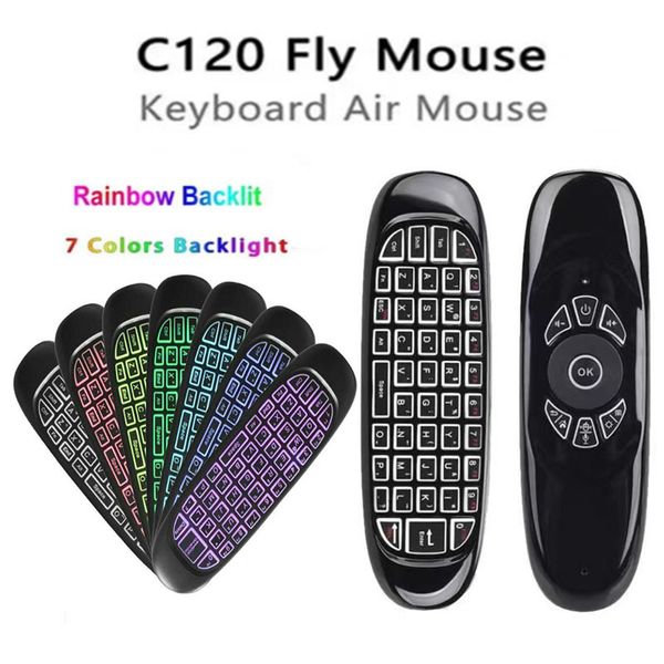 C120 Control remoto Retroiluminación Fly Air Mouse Teclado inalámbrico de 2,4 GHz Giroscopio de 6 ejes Empuñadura de juego Control remoto para PC Android TV BOX Equipo electrónico retroiluminado