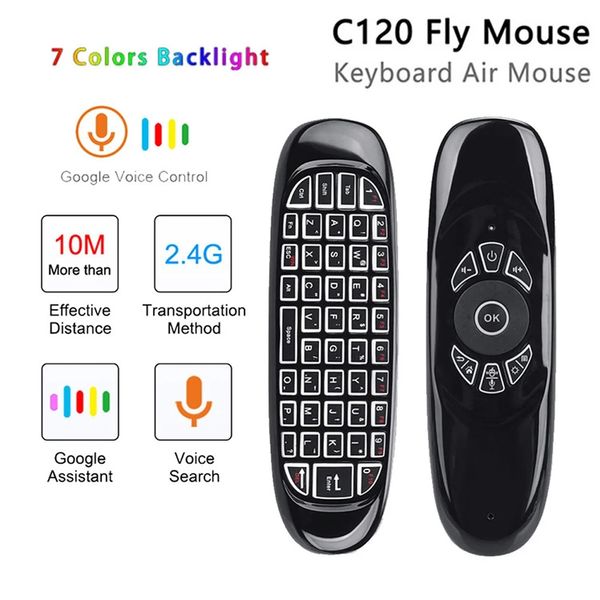 C120 RGB 7 Backlight Fly Air Mouse Gyro Sensor inalámbrico 2.4G Control remoto de teclado RF para juegos Android Smart TV Smart TV Box