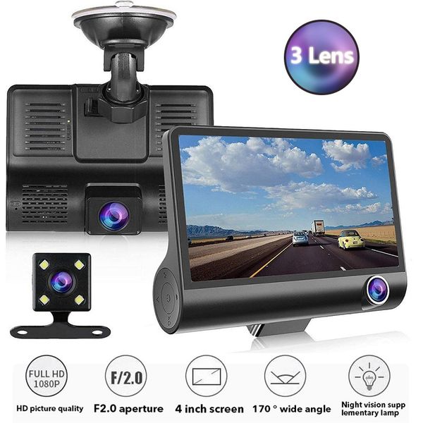 C2 3 Lens Dash Cam Cam 4 pouces IPS HD Screen Car DVR 1080p 3 Cameras Car DVR Camera Vision nocturne avec enregistreur de voitures arrière à 170 degrés