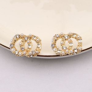 C2 PleaBoucles d'oreilles élégantes et tendance avec incrustation de perles et de diamants en or 18 carats et argent 925 à double aiguille