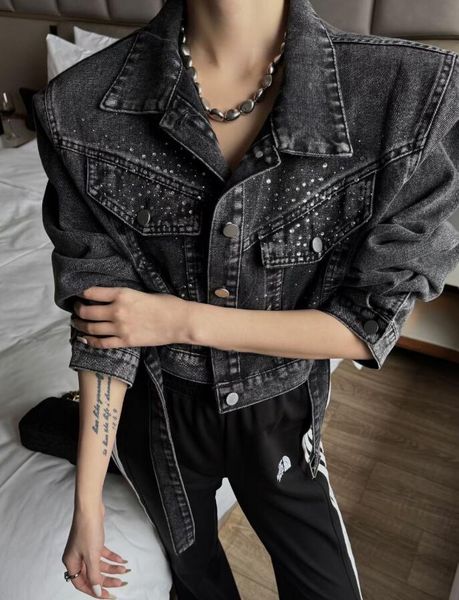 C2038 veste de créateur femmes manches longues revers cou strass jeans vestes denim femmes manteau