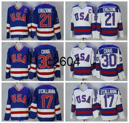 c2604 1980 Vintage USA Hockey Jerseys 21 MIKE ERUZIONE 30 JIM CRAIG 17 JACK O'CALLAHAN Bleu Blanc Cousu Jersey C Patch M-XXXL