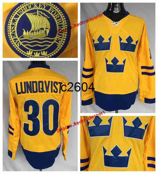 c2604 2014 Equipo Suecia # 30 Henrik Lundqvist Camisetas de hockey Hombre Inicio Amarillo Henrik Lundqvist Camisetas de hockey cosidas S-XXXL