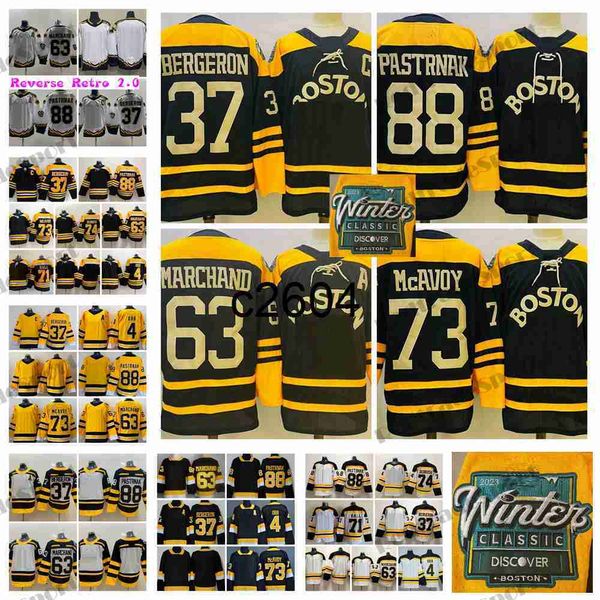 c2604 Classique d'hiver 2023 37 Chandails de hockey Patrice Bergeron 88 David Pastrnak 63 Brad Marchand 73 Charlie McAvoy Rask Jake DeBrusk 4 Bobby Orr Taylor Hall Reverse Ret