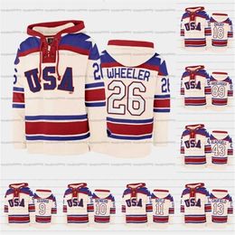 C2604 A3740 USA Hockey Team Lace-Up Relate Hoodie Jersey Personnalisé 9 Trevor Zegras 26 Blake Wheeler 18 Jack Drury 43 Colin Blackwell 11 Brian Boyle 12 Alex