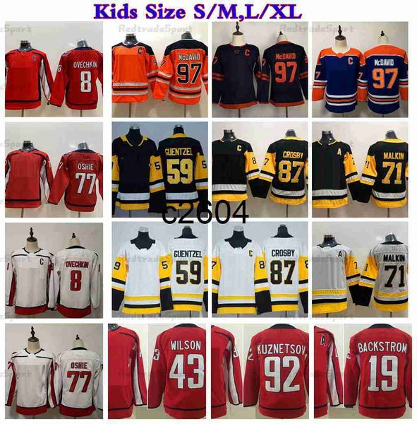 c2604 Enfants 97 Chandails de hockey Connor McDavid 87 Sidney Crosby 71 Evgeni Malkin 59 Guentzel 8 Ovechkin 77 TJ Oshie 19 Backstrom 92 Evgeny Kuznetsov 43 Tom Wilson Youth Jer