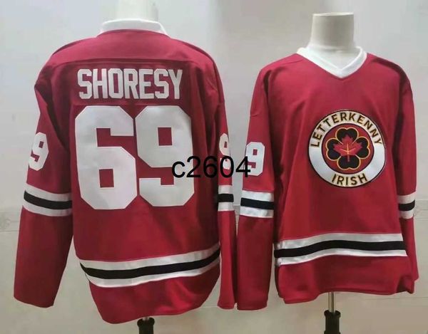 c2604 Kooy Shoresy # 69 Série TV Letterkenny Maillots de Hockey Irlandais Cousu Hommes Été Noël Rouge Cousu Chemises M-XXXL