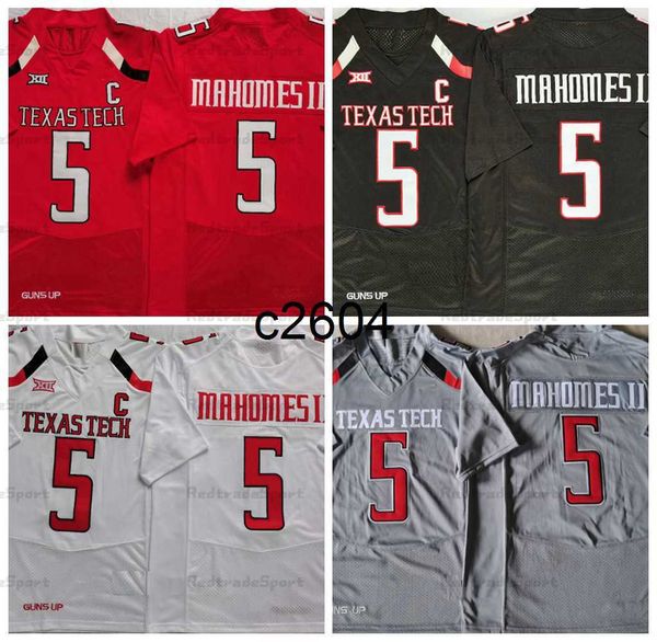 c2604 Mens NCAA Texas Tech # 5 Patrick Mahomes II Maillots de Football Universitaire Vintage University Stitched Shirts C Patch Noir Rouge Blanc Gris S-XXXL