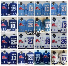 c2604 Heren Quebec Nordiques Vintage 19 Joe Sakic Hockey Jerseys Baby Blue 26 Stastny 13 Mats Sundin 21 Peter Forsberg 10 Guy Lafleur Jersey #17 Wendel Clark Shirts