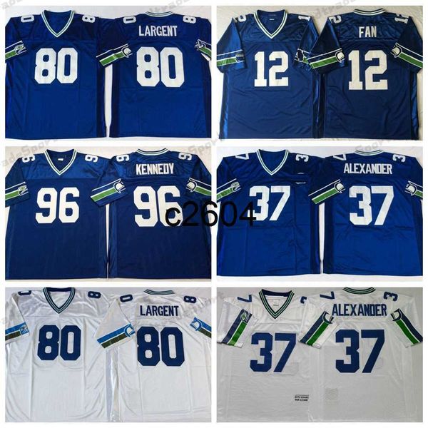 c2604 Camisetas de fútbol retro para hombre 37 Shaun Alexander 80 Steve Largent 12 12th Fan 96 Cortez Kennedy Vintage azul blanco cosido Jersey M-XXXL