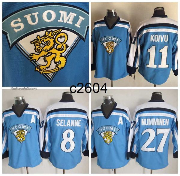 c2604 Hommes Vintage 11 SAKU KOIVU 1998 Maillots de hockey de l'équipe de Finlande 27 TEPPO NUMMINEN 8 TEEMU SELANNE Maillot bleu clair M-XXXL