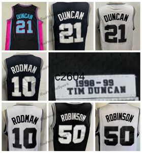 c2604 Mens Vintage 1998-1999 Tim 21 DuncanS Basketball Maillots David 50 Robinson Dennis 10 Rodman Chemises Cousues Noires S-XXL