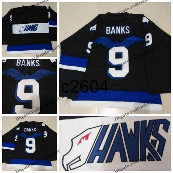 c2604 Mens Vintage Movie Hawks Maillots de hockey Adam Banks # 9 Chemises cousues noires S-XXXL Bonne qualité