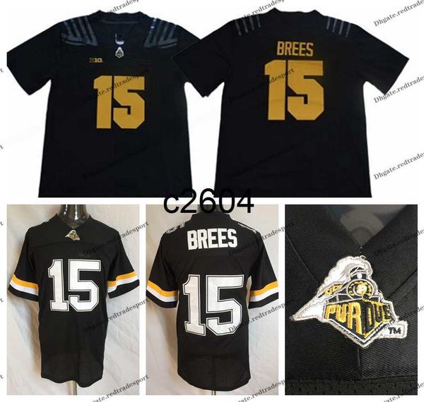 c2604 Mens Vintage Purdue Boilermakers # 15 Drew Brees College Football Jerseys Retro Home BLack University Football Shirts S-XXXL