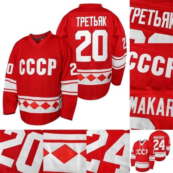 C2604 Mit Mens 1980 CCCP Russia Hockey Jersey 20 Vladislav Tretiak 24 Sergei Makarov 100% cosido Red Hockey Jerseys Cheap S-XXXL