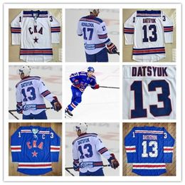 C2604 MitNess 13 Pavel Datsyuk KHL CKA St Petersburg 17 Ilya Kovalchuk KHL Blauw Wit Custom Hockey Jerseys Goedkoop