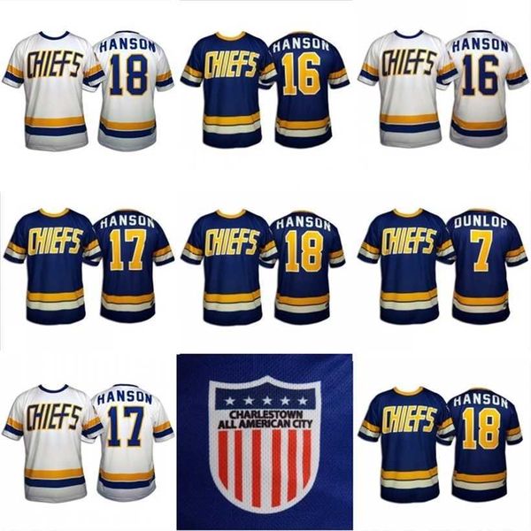 C2604 Maillot de hockey MitNess Hanson Brothers Charlestown # 16 Jack # 17 Steve # 18 Jeff 7 Slapshot Movie Maillots Bleu Blanc