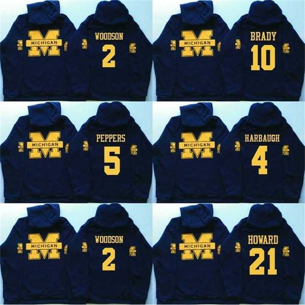 C2604 MitNess Uomo Michigan Wolverines Coollege Jersey 5 Jabrill Peppers 4 Jim Harbaugh 10 Brady 2 Charles Woodson 21 Howard Maglie Felpe con cappuccio Felpe